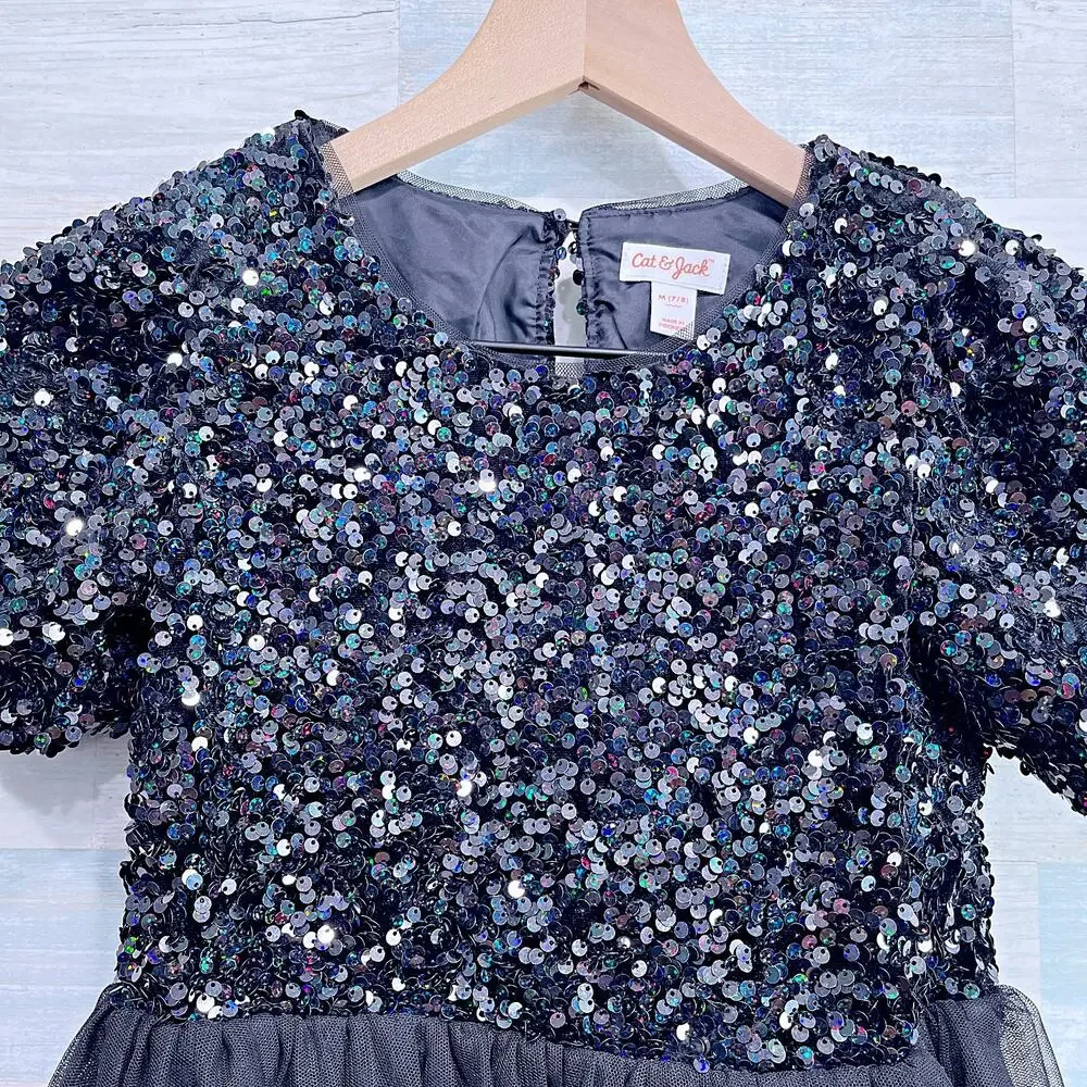 Cat & Jack Sequin Tulle Skirt Dress Black Short Cap Sleeve Girls Medium 7/8